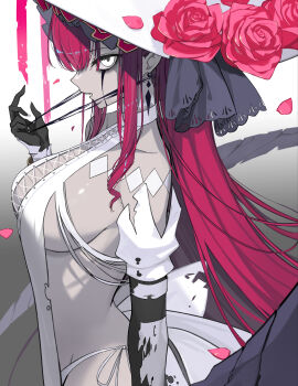 1girl breasts cleavage collarbone colored_skin detached_sleeves dress earrings baobhan_sith_(fate) baobhan_sith_(third_ascension)_(fate) fang fate/grand_order fate_(series) flower gloves grey_eyes grey_skin groin hat hat_flower highres jewelry large_breasts long_hair looking_at_viewer looking_to_the_side no_bra panties pink_hair pointy_ears revealing_clothes sideboob solo string thighs torn_clothes torn_dress underwear white_dress white_panties