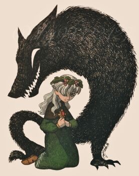 1girl animal artist_name berry black_capelet boots brooch brown_boots capelet closed_mouth commentary dress evil_smile full_body green_dress green_eyes hair_ornament hair_over_one_eye hands_on_own_chest head_wreath highres holly holly_hair_ornament jewelry kneeling long_dress long_hair looking_down one_eye_covered open_mouth original sharp_teeth signature silhouette silhouette_demon simple_background smile sorano_(sky99322427) teeth twitter_username watermark wavy_hair white_background white_hair wolf