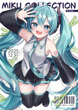 1girl aqua_eyes aqua_hair aqua_necktie aqua_trim arm_tattoo arm_up bare_shoulders black_boots black_sleeves boots breasts collared_shirt commentary_request detached_sleeves food frilled_sleeves frills grey_shirt hair_between_eyes hair_ornament hatsune_miku headset highres holding holding_food holding_spring_onion holding_vegetable long_hair looking_at_viewer medium_breasts necktie noneon319 number_tattoo open_mouth shirt sleeveless sleeveless_shirt smile solo spring_onion tattoo thick_thighs thigh_boots thighhighs thighs twintails upper_body vegetable very_long_hair vocaloid zettai_ryouiki