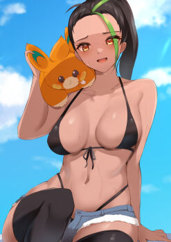 1girl absurdres alternate_costume bare_shoulders bikini black_bikini black_hair blue_shorts blue_sky blush breasts cloud collarbone commentary_request cutoffs dark-skinned_female dark_skin day foreshortening freckles front-tie_bikini_top front-tie_top haneramu highleg highleg_bikini highres large_breasts looking_at_viewer meme multicolored_hair navel nemona_(pokemon) nintendo oh!_pamo-san_(meme) on_shoulder open_fly open_mouth outdoors pawmi pokemon pokemon_(creature) pokemon_on_shoulder pokemon_sv revision short_shorts shorts sitting skindentation sky stomach streaked_hair swimsuit teeth thighhighs thighs upper_teeth_only wet