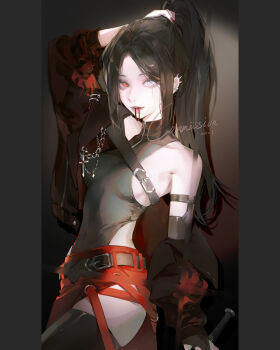 1girl bare_shoulders belt black_hair breasts commentary_request ear_piercing earrings gradient_background heterochromia highres holding i.chi jacket jewelry long_hair looking_at_viewer mouth_hold off_shoulder original piercing ponytail red_eyes red_skirt sensitive skirt solo thighhighs