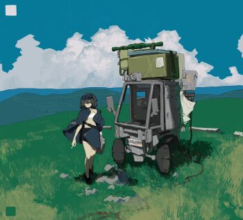 1girl absurdres black_footwear black_hair black_skirt blue_jacket blue_sky box cable chongmoyu_loligogh cigarette cloud cumulonimbus_cloud day full_body gas_can grass highres holding holding_cigarette horizon jacket jacket_on_shoulders machine medium_hair motor_vehicle ocean original rock rocket_launcher scenery skirt sky solo standing weapon