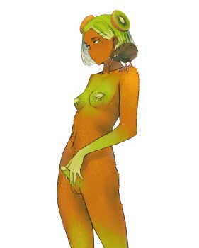 animal animal_on_shoulder bird bird_on_shoulder breasts colored_skin commentary completely_nude english_commentary food fruit futanari green_eyes green_hair green_penis green_skin hand_on_own_penis highres kiwi_(bird) kiwi_(fruit) kiwi_slice navel nude orange_skin original penis simple_background small_breasts small_penis spindle_(aidenr0) testicles white_background