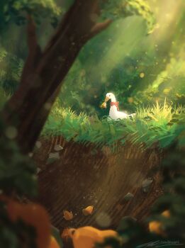 artist_name atmospheric_perspective bell bird day forest goose goose_(untitled_goose_game) holding holding_bell lens_flare nature neck_ribbon no_humans outdoors painterly ribbon scenery signature subsurface_scattering tree untitled_goose_game zandra
