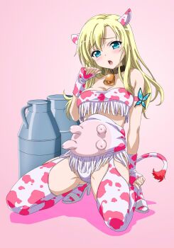 1girl animal_ears animal_print armband bandeau bare_shoulders bell blonde_hair blue_butterfly blue_eyes blush boku_wa_tomodachi_ga_sukunai bottle breasts bug butterfly commentary_request cow_ears cow_girl cow_print cow_print_gloves cow_print_thighhighs cow_tail cowbell full_body gloves hand_up high_heels highres insect kashiwazaki_sena kneeling large_breasts long_hair milk_bottle neck_bell open_mouth pink_armband pink_background pink_bandeau pink_gloves pink_tail pink_thighhighs print_gloves print_thighhighs shadow solo tail thighhighs udder underboob watanabe_yoshihiro white_footwear
