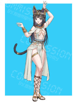 1girl absurdres animal_ears arm_up black_hair bracelet breasts brown_eyes cat_ears cat_girl cat_tail circlet dancer full_body gladiator_sandals highres huihuang_rongyao jewelry long_hair medium_breasts original ring sandals solo tail thighlet uraeus usekh_collar watermark