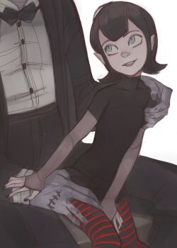 1girl black_dress black_hair black_nails blue_eyes commentary dress english_commentary feason gloves highres hotel_transylvania mavis_dracula open_mouth seiza short_hair simple_background sitting smile striped_clothes striped_thighhighs thighhighs vampire white_background