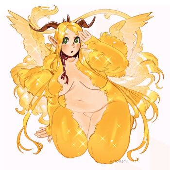 Rule 34 | 1girl, aatom87, alternate body size, artist name, belly, blonde hair, breasts, commentary, dungeon meshi, english commentary, fat, fat woman, fusion, green eyes, horns, large breasts, long hair, marcille donato, navel, no pussy, pointy ears, seiza, sitting, solo, sparkle, very long hair, winged lion (dungeon meshi), wings, yellow fur