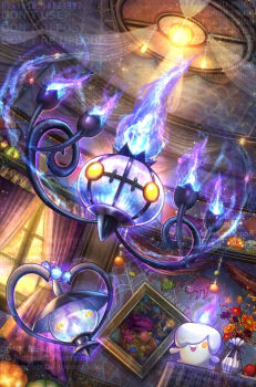 ^_^ ceiling ceiling_light chandelure closed_eyes curtains evolutionary_line fire flower gen_5_pokemon indoors kumaoka_pon lampent litwick mixed-language_commentary nintendo no_humans pixiv_id pokemon pokemon_(creature) pokemon_focus purple_fire watermark window yellow_eyes