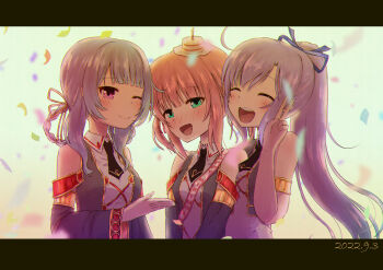 3girls ^_^ absurdres armlet bare_shoulders black_necktie blue_bow blue_hair blush bow breasts cake_on_head christine_ketoura closed_eyes confetti dated detached_sleeves embarrassed gold_armlet green_eyes grey_jacket grey_sleeves hair_bow hair_rings happy_birthday highres iris_mysteria! jacket janenbokumeetu medium_breasts multiple_girls necktie olivie_cromwright one_eye_closed open_mouth patricia_shandy pink_bow pink_hair ponytail purple_eyes short_twintails sleeveless sleeveless_jacket smile twintails upper_body v