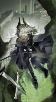 1girl arknights artist_name bodystocking commentary completion_time cross cross_scar dress english_commentary english_text green_eyes grey_hair gun handgun head_wings highres holding holding_gun holding_sword holding_weapon irene_(arknights) irene_(the_adjudicatrix_and_her_resolve)_(arknights) layered_sleeves long_sleeves lonkulade pleated_dress purple_dress ruins scar scar_on_face short_hair short_over_long_sleeves short_sleeves sitting solo sword weapon wings