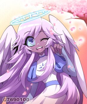 1girl ;d absurdres angel angel_wings arm_at_side belt blue_sclera cherry_blossoms colored_sclera commentary_request dark-skinned_female dark_skin dress elbow_gloves emily_(hazbin_hotel) facing_viewer falling_petals fewer_digits fingerless_gloves freckles gloves gradient_background grey_gloves hair_between_eyes hair_flaps halo hazbin_hotel hellaverse highres long_hair looking_up menattou one_eye_closed open_mouth outline petals pink_petals puff_and_slash_sleeves puffy_short_sleeves puffy_sleeves purple_belt purple_eyes purple_hair purple_sleeves red_background round_teeth short_sleeves sidelocks simple_background sleeveless sleeveless_dress sleeveless_turtleneck smile solo tareme teeth tongue tree turtleneck turtleneck_dress twitter_username upper_body upper_teeth_only very_long_hair white_dress white_halo white_outline white_wings wings yellow_background