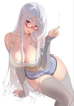 1girl arm_support arm_warmers ayase_seiko between_fingers breasts cigarette cleavage dandadan dolphin_shorts feet_out_of_frame glasses grey_arm_warmers grey_hair grey_thighhighs hair_down haramaki hashtag-only_commentary highres holding holding_cigarette invisible_chair large_breasts long_hair looking_at_viewer mature_female parted_bangs parted_lips purple_shorts red-framed_eyewear red_eyes semi-rimless_eyewear serpent_(pepepp39) short_shorts shorts simple_background sitting smoke smoking solo tank_top thighhighs under-rim_eyewear very_long_hair white_background white_tank_top