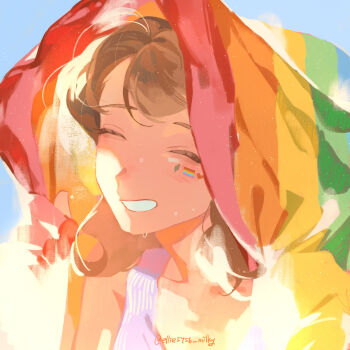 1girl breasts brown_hair closed_eyes commentary ellie_niunai_zhuyi_zhe facial_mark heart heart_facial_mark highres medium_breasts open_mouth original rainbow_flag rainbow_flag_tattoo solo sweat tattoo upper_body