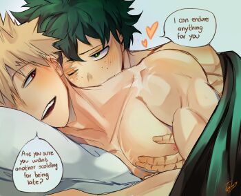 2boys aftersex bakudeku bakugou_katsuki bed boku_no_hero_academia bones_(company) completely_nude curly_hair freckles green_hair highres messy_hair midoriya_izuku multiple_boys nude on_bed shounen_jump spiked_hair waking_up yaoi