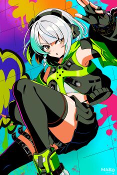 1girl absurdres anby_demara belt black_gloves black_jacket black_skirt black_thighhighs braid commentary commentary_request crop_top english_commentary feet_out_of_frame fingerless_gloves gloves grey_hair headphones highres jacket kurimako looking_to_the_side mixed-language_commentary multicolored_eyes open_mouth short_hair side_braid skirt solo thighhighs two-tone_eyes zenless_zone_zero