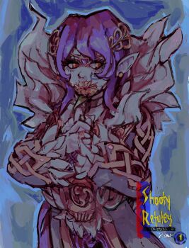 1girl blue_background bonelessbastion choker circlet coat commentary covered_mouth dark_queen_(sonic) earrings eyelashes facial_mark feather-trimmed_coat flower highres holding holding_flower jewelry long_hair looking_to_the_side merlina_(sonic) pointy_ears purple_hair ring solo sonic_(series) sonic_and_the_black_knight stud_earrings yellow_eyes