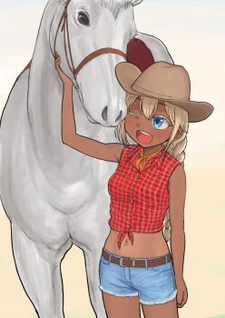 1girl arm_at_side belt blonde_hair blue_eyes blue_shorts braid braided_ponytail breasts brown_belt colored_eyelashes commentary_request cowboy_hat cowboy_shot dark-skinned_female dark_skin denim denim_shorts eyelashes gradient_background hat highres horse long_hair midriff navel_piercing omodaka_(nitera1041) one_eye_closed open_mouth original piercing red_shirt shirt short_shorts shorts simple_background single_braid small_breasts smile tied_shirt white_horse