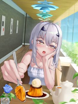 1girl bare_shoulders blush breasts camisole commentary_request cup fate/grand_order fate_(series) food forked_eyebrows highres long_hair looking_at_viewer melusine_(fate) open_mouth outstretched_arm pudding sidelocks sitting small_breasts solo spoon table teacup teapot tutuuraura88 white_camisole white_hair yellow_eyes