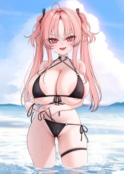 1girl areola_slip bikini black_bikini breasts cameltoe commentary covered_erect_nipples fang highres huge_breasts long_hair looking_at_viewer modan mole mole_on_breast mole_under_eye open_mouth original outdoors pink_eyes pink_hair side-tie_bikini_bottom skin_fang solo swimsuit thigh_strap untranslatable_commentary
