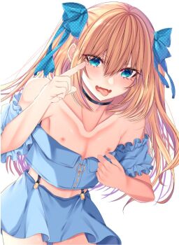 1boy aqua_eyes bare_shoulders black_choker blonde_hair blue_ribbon blue_shirt blue_skirt blush choker choppy_bangs clothes_pull collarbone crop_top crossdressing crossdressing_(mtf) curled_fingers fangs frilled_sleeves frills furrowed_brow hair_between_eyes hair_ribbon hands_up index_finger_raised leaning_forward long_hair long_sidelocks looking_at_viewer makeup male_focus midriff miniskirt navel nipples off-shoulder_shirt off_shoulder open_mouth original pendant_choker polka_dot polka_dot_ribbon pulling_own_clothes ribbon shirt shirt_pull shisei_(kyuushoku_banchou) short_sleeves sidelocks simple_background skin_fangs skirt solo standing straight_hair suspenders thighs tongue tongue_out trap two_side_up variant_set zipper