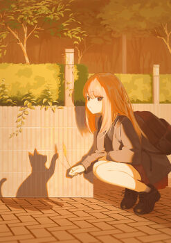 Rule 34 | 1girl, absurdres, backboob, black cardigan, black hair, black shoes, breasts, brown hair, cardigan, cat, chinese commentary, closed mouth, commentary request, evening, from side, full body, hedge, highres, holding wheat, invisible, long hair, long sleeves, looking at viewer, looking to the side, myoumatsu kaori, original, outdoors, shadow, shoes, skirt, sneakers, solo, squatting, tree