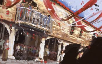 absurdres balcony building character_request cobblestone commentary confetti crowd dutch_angle english_commentary highres ignoramoose in-universe_location painterly path people road shadow_slave streamers