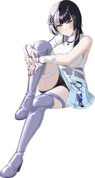 1girl absurdres asymmetrical_sleeves bare_shoulders black_hair black_nails black_shorts boots breasts commentary fingerless_gloves gloves hair_ornament hands_on_own_leg highres hololive hololive_english large_breasts looking_at_viewer mmneko multicolored_hair nail_polish official_alternate_costume orange_eyes shiori_novella shorts simple_background skirt smile thick_thighs thigh_boots thighs two-tone_hair virtual_youtuber white_gloves white_hair