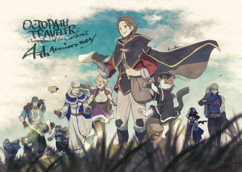 3boys 5girls :d absurdres bandana black_cape blonde_hair blue_cape blue_shirt blue_sky boots breasts brown_boots brown_gloves brown_hair cape cat character_request cleavage closed_eyes closed_mouth cloud commentary_request copyright_name day dress gloves grass green_hair green_pants hat highres holding holding_paper kachidama long_hair long_sleeves midriff multiple_boys multiple_girls navel octopath_traveler open_mouth outdoors pants paper pink_bandana pouch red_shirt shirt short_hair single_glove sky sleeveless sleeveless_shirt smile spyglass standing white_dress white_hat white_pants