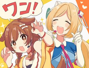 2girls :d aki_rosenthal aki_rosenthal_(1st_costume) animal_ears arm_up blue_dress bone_hair_ornament braid breasts brown_eyes brown_hair cartoon_bone claw_pose cleavage closed_eyes commentary_request detached_hair dog_ears dress elbow_gloves fang gloves hair_ornament hair_over_shoulder hand_up hands_up headset heart highres hololive index_finger_raised inugami_korone inugami_korone_(1st_costume) jacket low_twintails medium_breasts multiple_girls open_clothes open_jacket open_mouth parted_bangs sleeveless sleeveless_dress smile sparkle translation_request twin_braids twintails upper_body usako_(umauma0602) virtual_youtuber white_dress white_gloves yellow_jacket