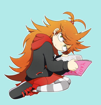 1girl animification antenna_hair aqua_background black_hoodie black_shoes blush brown_hair commentary_request earrings eddsworld fujoshi green_eyes hair_bobbles hair_ears hair_ornament highres hood hood_down hoodie jewelry long_hair long_sleeves looking_at_viewer official_alternate_costume outline pantyhose partial_commentary pornography red_hood red_skirt reon_(02779) seiza shoes simple_background sitting skirt sneakers solo striped_clothes striped_pantyhose tori_(eddsworld) white_outline yaoi_(object)