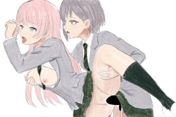 2girls aruetanikawa bang_dream! bang_dream!_it's_mygo!!!!! blank_censor blue_eyes breasts brown_eyes censored chihaya_anon diagonal-striped_clothes diagonal-striped_necktie doggystyle eyelashes futa_with_female futanari green_necktie green_skirt green_socks grey_hair hand_on_another's_thigh haneoka_school_uniform long_hair medium_breasts multiple_girls mygo!!!!!_(bang_dream!) necktie nipples open_mouth pink_hair school_uniform sex sex_from_behind short_hair simple_background skirt socks standing standing_on_one_leg standing_sex striped_clothes takamatsu_tomori tongue tongue_out vaginal white_background