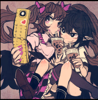 Rule 34 | 2girls, absurdres, black eyes, black wings, breasts, brown hair, brown shoes, bubble tea, cellphone, checkered clothes, checkered skirt, collar, commentary request, cup, feathered wings, flip phone, hair ribbon, highres, himekaidou hatate, interlocked legs, maaru (akira428), multiple girls, phone, pink eyes, pointy ears, pouch, ribbon, selfie, shameimaru aya, shirt, shoes, short hair, sitting, skirt, socks, taking picture, tengu, thighs, touhou, twintails, white shirt, wings