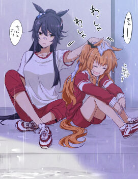 +++ 2girls animal_ears ayame_iro_(toumei_dolce) bandaid bandaid_on_face bandaid_on_nose black_hair breasts closed_eyes commentary_request drying drying_another&#039;s_hair drying_hair duplicate full_body highres horse_ears horse_girl horse_tail jacket knees_up long_hair long_sleeves mayano_top_gun_(umamusume) medium_breasts motion_lines multiple_girls narita_brian_(umamusume) open_mouth orange_hair pants ponytail rain red_jacket red_pants red_shorts shade shirt shoes short_sleeves shorts sitting smile sneakers speech_bubble tail towel tracen_training_uniform track_jacket translated two_side_up umamusume wet wet_hair white_shirt