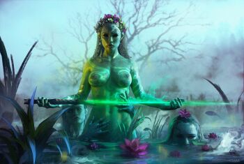 Rule 34 | 3girls, anato finnstark, breasts, colored skin, commentary, completely nude, english commentary, fantasy, flower, flower wreath, green skin, highres, holding, holding sword, holding weapon, large breasts, long hair, multiple girls, nature, nipples, nude, nymph, original, outdoors, paid reward available, partially submerged, purple flower, realistic, sword, water, weapon, wetland