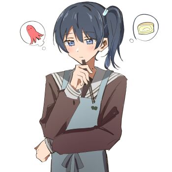 Rule 34 | 1girl, alternate hairstyle, apron, blue apron, blue eyes, blue hair, blush, borrowed accessory, brown dress, chopsticks, closed mouth, commentary, dress, food, food art, hair ornament, hasu no sora school uniform, highres, holding, holding chopsticks, light frown, link! like! love live!, long sleeves, love live!, medium hair, mole, mole on neck, murano sayaka, omelet, one-hour drawing challenge, rabbit hair ornament, sailor collar, sailor dress, school uniform, side ponytail, simple background, solo, speech bubble, spoken food, suitou (suitou 55), tako-san wiener, tamagoyaki, thinking, thought bubble, upper body, virtual youtuber, white background, white sailor collar, winter uniform