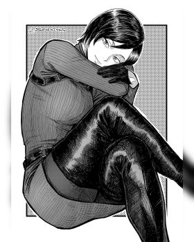1girl ada_wong artist_name belt black_boots black_gloves boots border breasts chest_harness closed_mouth commentary_request crossed_legs dress elbow_rest feet_out_of_frame gloves greyscale harness head_rest highres instagram_username large_breasts long_sleeves looking_at_viewer monochrome outside_border pantyhose pillarboxed resident_evil resident_evil_4 resident_evil_4_(remake) ribbed_sweater seveninks short_hair smile solo spanish_commentary sweater sweater_dress thigh_boots thighs turtleneck turtleneck_sweater white_border