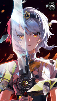 1girl anby_demara anby_demara_(silver_soldier) artist_request black_hairband braid braided_sidelocks burger_hair_ornament commentary_request dual_persona fingerless_gloves food-themed_hair_ornament gloves grey_hair hair_ornament hairband highres looking_at_viewer orange_eyes portrait reflection second-party_source shards short_hair short_sleeves solo sword upper_body weapon white_gloves white_hair zenless_zone_zero