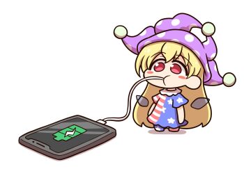 american_flag american_flag_dress american_flag_legwear american_flag_pants american_flag_print battery_indicator blonde_hair blush blush_stickers cellphone chibi clownpiece commentary_request dress fairy_wings flag_print hat highres jester_cap neck_ruff pants phone polka_dot polka_dot_headwear print_pants purple_hat red_eyes shitacemayo short_sleeves simple_background smartphone solo star_(symbol) star_print striped_clothes striped_dress touhou transparent_wings white_background wings