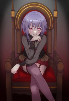 1girl amoris_(bang_dream!) atama_(abmbbmsbcg) bang_dream! bang_dream!_it's_mygo!!!!! black_shirt chair commentary crossed_legs garter_straps highres long_sleeves looking_at_viewer open_mouth pink_eyes purple_hair red_shorts red_thighhighs see-through_clothes see-through_sleeves shirt short_hair shorts sitting solo thighhighs yuutenji_nyamu