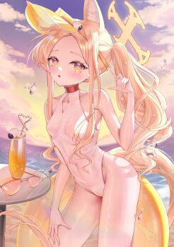 1girl absurdres animal_ear_fluff animal_ears bare_shoulders beach bird blonde_hair blue_archive blush breasts clothing_cutout cloud covered_navel cowboy_shot crazy_straw cross_halo cup diamond_cutout drink drinking_glass drinking_straw extra_ears fingernails fox_ears fox_girl fox_tail gradient_sky halo hand_on_own_thigh hand_up heart_straw highleg highleg_one-piece_swimsuit highres horizon innertube jacket kordilia leaning_forward loli long_hair long_sleeves ocean off_shoulder official_alternate_costume official_alternate_hairstyle one-piece_swimsuit open_mouth orange-tinted_eyewear orange_eyes outdoors seia_(blue_archive) seia_(swimsuit)_(blue_archive) side_ponytail sidelocks sky small_breasts solo sunglasses sunset swim_ring swimsuit table tail thighs tinted_eyewear tit_(bird) unworn_eyewear very_long_hair very_long_tail visor_cap water_drop wet wet_clothes wet_swimsuit white_one-piece_swimsuit yellow_halo yellow_jacket yellow_visor