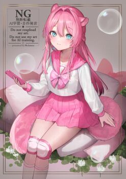 animal_ear_fluff animal_ears blue_eyes bow braid bubble cellphone closed_mouth commentary_request feet_out_of_frame hair_between_eyes hair_intakes holding holding_phone hu_kotora knee_pads long_hair long_sleeves looking_at_viewer original phone pillow pink_bow pink_hair pink_sailor_collar pink_skirt pleated_skirt puffy_long_sleeves puffy_sleeves sailor_collar school_uniform serafuku shirt skirt smile socks solo tail very_long_hair watermark white_shirt white_socks