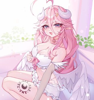 1girl absurdres ahoge bell bow breasts cleavage crescent crescent_hair_ornament feathered_wings grey_horns hair_between_eyes hair_ornament highres horns indie_virtual_youtuber long_hair low_wings mole mole_on_breast neck_bell open_mouth pink_bow pink_eyes pointy_ears rinne_(rinne_oi) rosebell_(vtuber) solo virtual_youtuber white_wings wings