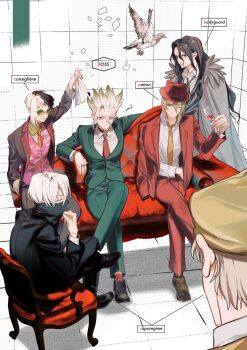 01tiyk 6+boys alcohol armchair asagiri_gen beret bird black_hair black_jacket blonde_hair cape chair collared_shirt couch covered_mouth crossed_legs cup dr._stone drinking_glass earrings formal_clothes glass glasses green_jacket green_necktie green_pants hand_in_pocket hat highres holding holding_cup hyoga_(dr._stone) ishigami_senkuu jacket jewelry long_hair long_sleeves looking_at_another male_focus mask mouth_mask multicolored_hair multiple_boys nanami_ryuusui necktie pants pink_vest red_eyes red_jacket red_necktie red_pants red_vest ring saionji_ukyou shirt shishiou_tsukasa shoes short_hair sitting smile spiked_hair standing suit suit_jacket sunglasses two-tone_hair vest white_hair white_shirt wine wine_glass yellow_necktie