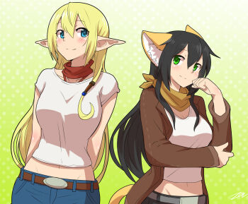 10s 2girls animal_ears arms_behind_back artist_self-insert black_hair blonde_hair blue_eyes blush breasts crossover denim gate_-_jieitai_ka_no_chi_nite_kaku_tatakaeri gradient_background green_eyes hair_between_eyes highres jeans long_hair midriff multiple_girls navel neckerchief original pants pointy_ears polka_dot polka_dot_background red_scarf scarf shirt smile sollyz t-shirt tuka_luna_marceau