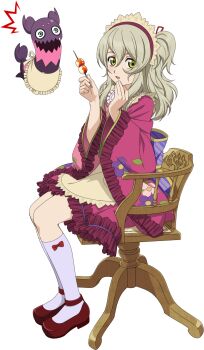 Rule 34 | 1girl, artist request, blonde hair, bow, chair, creature, dango, doll, elize lutus, elize lutus (cafe), floral print, floral print kimono, food, full body, game cg, green eyes, hairband, hand on own chin, highres, holding, holding food, japanese clothes, kimono, light blush, looking at viewer, medium hair, mitarashi dango, official alternate costume, official art, on chair, pink kimono, print kimono, purple kimono, red bow, red shoes, shoes, sitting, socks, solo, surprised, tales of (series), tales of asteria, tales of xillia, third-party source, transparent background, two-tone kimono, wagashi, white socks