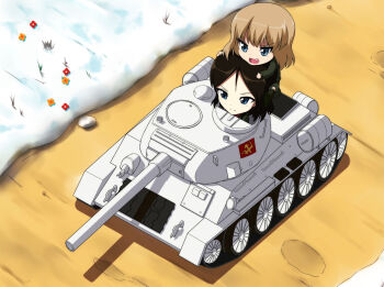 2girls blonde_hair blue_eyes boots brown_hair emblem enter_enter_mission! fang girls_und_panzer green_boots hatch highres jacket katyusha_(girls_und_panzer) long_hair long_sleeves looking_at_viewer military military_uniform military_vehicle motor_vehicle multiple_girls nonna_(girls_und_panzer) open_mouth pravda_(emblem) pravda_military_uniform short_hair smile snow t-34 t-34-85 tank youmou_usagi