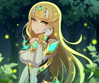 Rule 34 | 1girl, absurdres, bare shoulders, blonde hair, closed mouth, commentary, commission, dress, elbow gloves, english commentary, enni, fireflies, forest, gloves, hair between eyes, highres, long hair, looking at viewer, mythra (massive melee) (xenoblade), mythra (xenoblade), nature, smile, solo, tree, upper body, very long hair, white dress, white gloves, xenoblade chronicles (series), xenoblade chronicles 2, yellow eyes