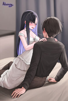 1boy 1girl absurdres alternate_costume artist_name bed black_hair blush breasts commander_(nikke) eunhwa_(nikke) eunhwa_(tactical_upgrade)_(day_off)_(nikke) eunhwa_(tactical_upgrade)_(nikke) french_kiss from_behind goddess_of_victory:_nikke highres kiss long_hair medium_breasts military_uniform multicolored_hair noorung official_alternate_costume purple_eyes purple_hair saliva saliva_trail short_hair tongue tongue_out two-tone_hair uniform very_long_hair