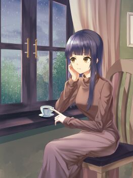 Rule 34 | 1girl, black hair, brown hair, brown skirt, brown sweater, chair, closed mouth, commentary request, cup, curtains, day, elbow rest, expressionless, feet out of frame, hair over shoulder, hand rest, hand up, highres, indoors, korean commentary, long hair, long sidelocks, long skirt, moon (restire), on chair, original, overcast, plate, rain, reflection, sidelocks, sitting, skirt, sky, solo, sweater, teacup, turtleneck, turtleneck sweater, window, wispy bangs